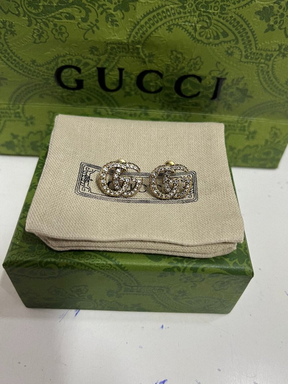 Gucci Crystal & Pearl Earrings – Gold-Tone, Complete with Original Box